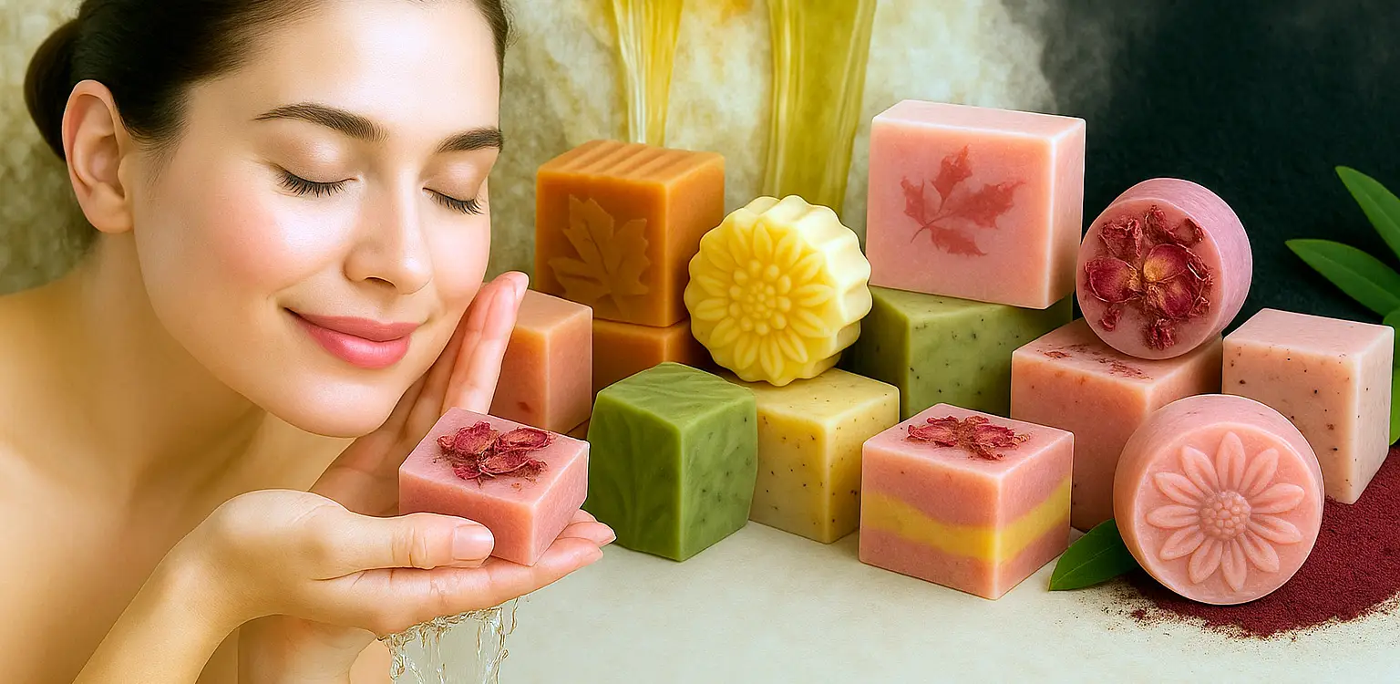 Mujer disfrutando un jabón artesanal junto a pastillas de arcilla, avena y pétalos